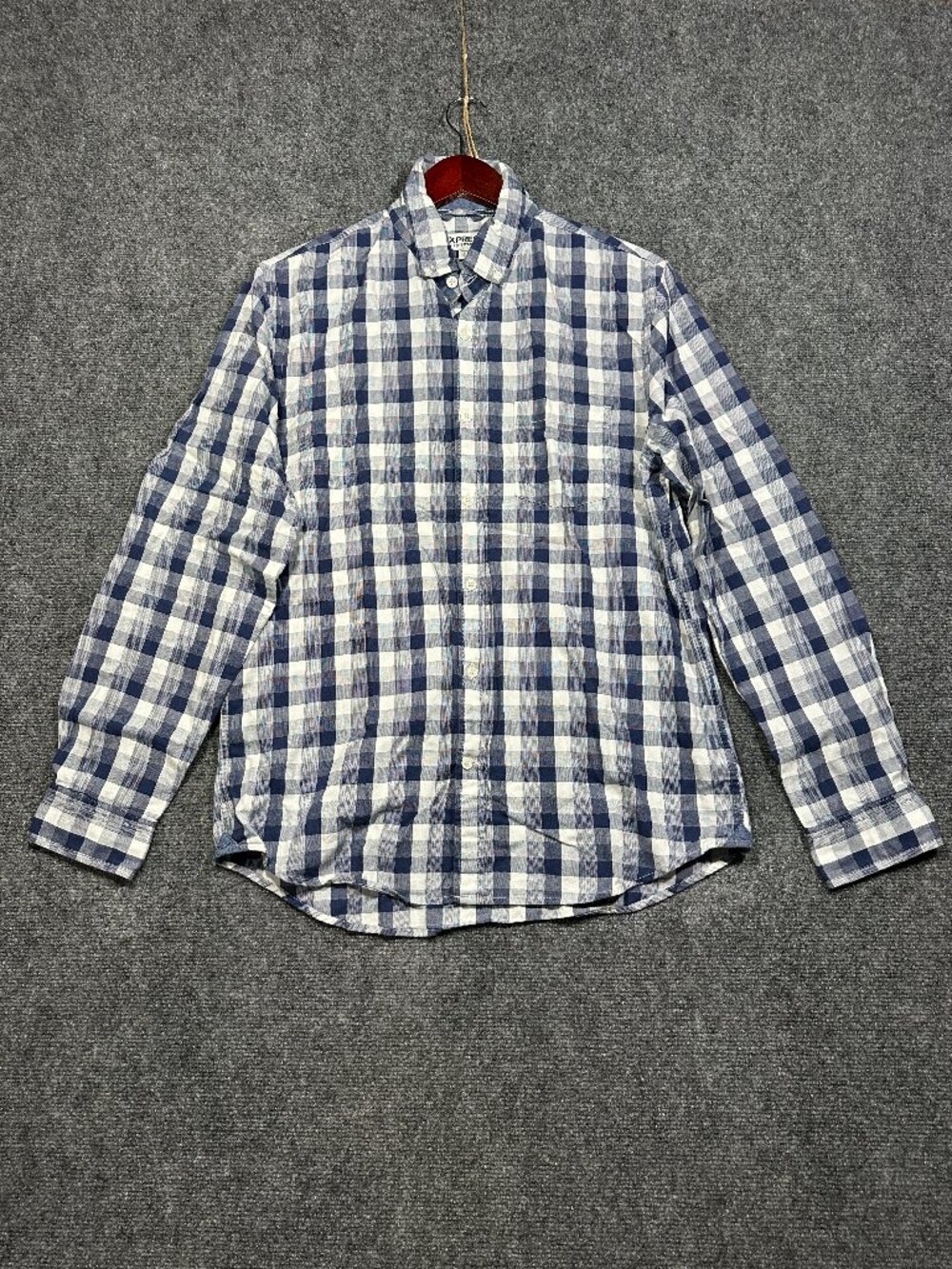 Express Shirt Mens Medium Button Down Soft Wash Blue Check Long Sleeve Pocket